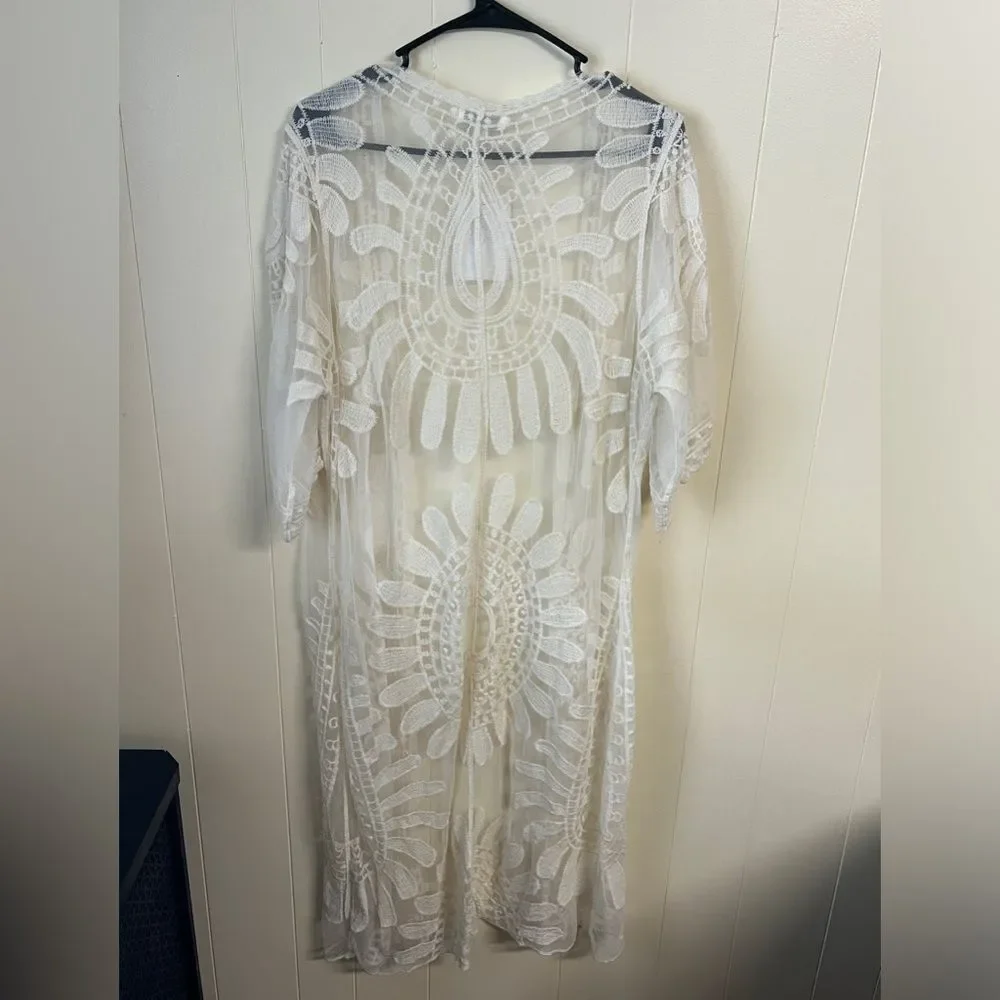 NWT Rebellion Again Ivory lace Kimono Open Front Cover Up Cardigan Duster Sz M